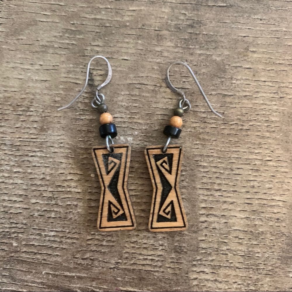 Handmade Wooden Tribal Beaded Earrings - Picture 1 of 4